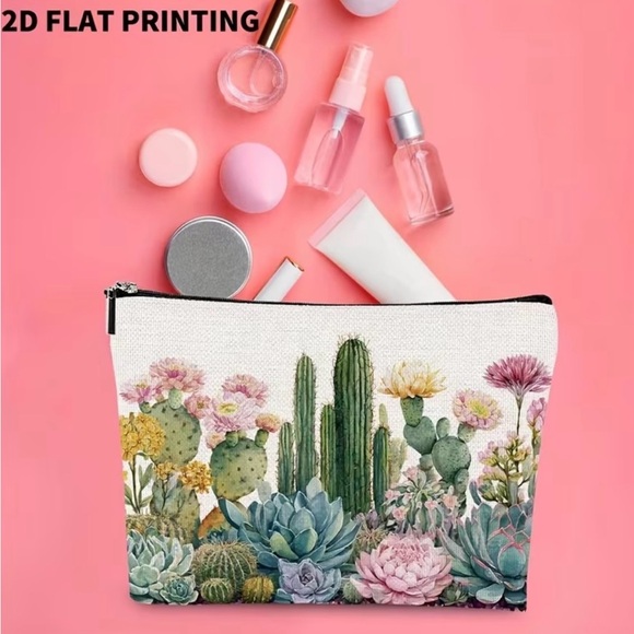 Botanical Cactus & Succulent Cosmetic Pouch - Pink & Green Floral Cacti Bag - Picture 5 of 5